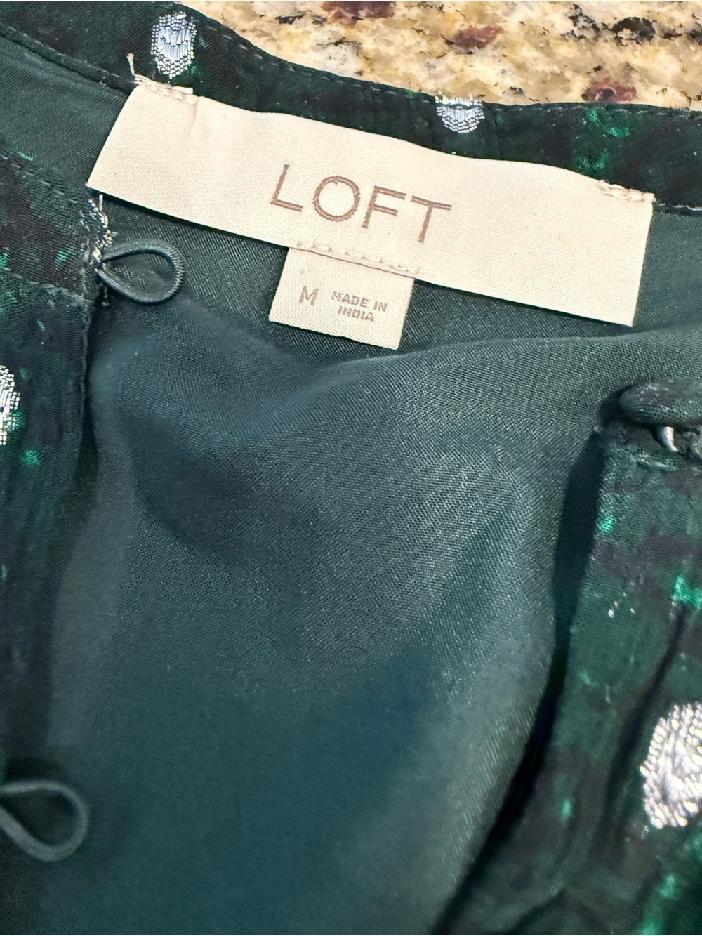 Loft fit & flare dress forest green & floral metallic pattern SZ M - Picture 7 of 14